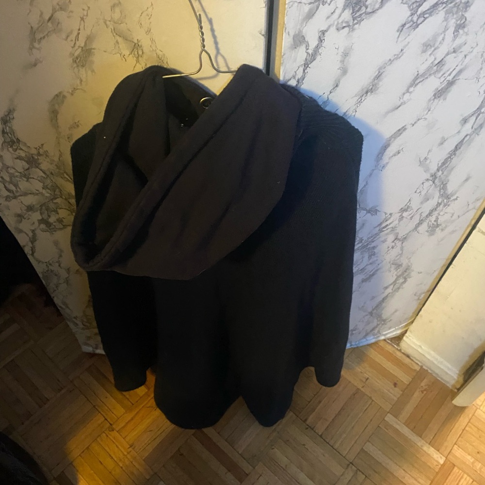 Black poncho with hood with Button Detail